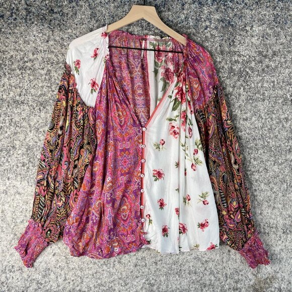 Free People Shirt Womens Extra Small Pink White Boho Patchwork Floral Paisley - Picture 1 of 6